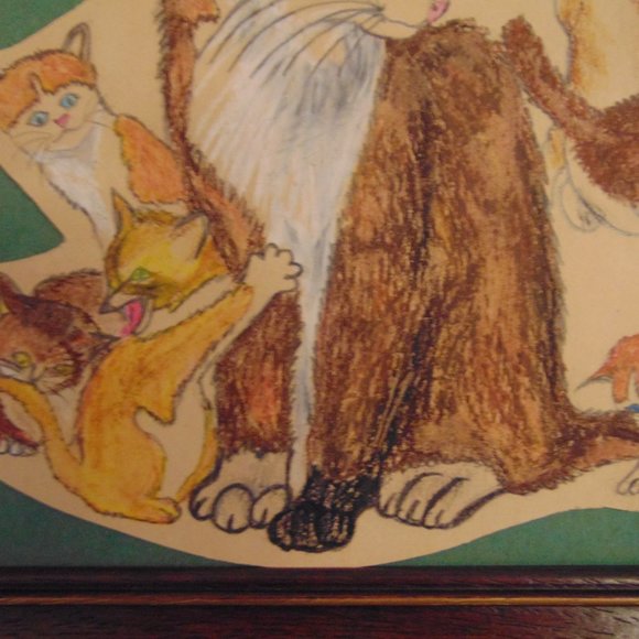 Mother Cat with Kittens, Original Pencil Sketch with Oil Pastels, 11.38x9.38 - Picture 4 of 8